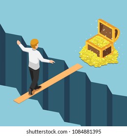 Flat 3d isometric businessman walking on small bridge over abyss to the treasure box. High risk High return. Business risk concept.