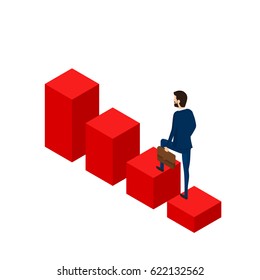 Flat 3D isometric. Businessman walking on stair growing graph to success. Stair step to success. Cartoon Vector Illustration.