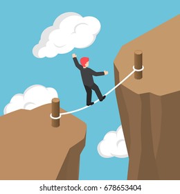 Flat 3d Isometric Businessman Walking And Balancing On Rope Between Cliff Gap, Business Risk And Challenge Concept