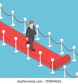 Empresario isométrico de 3D sobre alfombra roja. El éxito empresarial y el concepto de liderazgo.