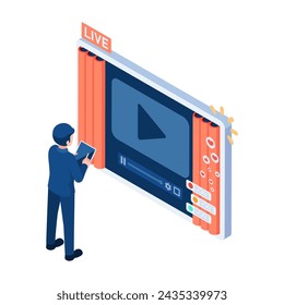 Flat 3d Isometric Businessman Watching Live Streaming. Live Streaming and Video Marketing Concept.