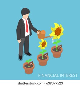 Flat 3d isometric businessman watering different size of flower plant, financial interest and investment concept