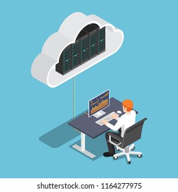 Flat 3d isometric businessman working on desktop pc and uploading to cloud storage. Cloud computing technology concept.