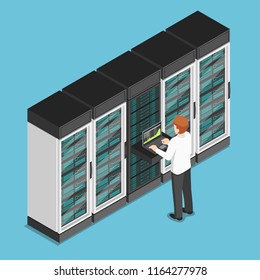 Flat 3d isometric businessman working on laptop in database center or server room. Database server management concept.