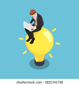 Flat 3d Isometric Businessman Working with Laptop and Sitting on Light Bulb. Business Idea Concept.