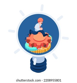 Flat 3d Isometric Businessman Working Hard Inside Light Bulb. Business Idea Concept.