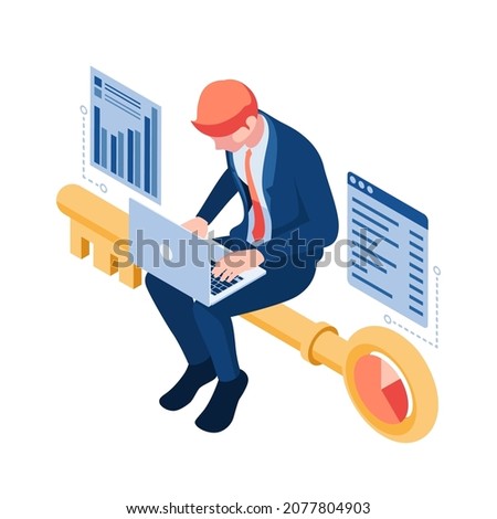 Flat 3d Isometric Businessman Working on Laptop and Sitting on Golden Key. Keyword Research Concept.