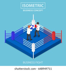 Flat 3d isometric businessmen fighting on boxing ring, business competition concept