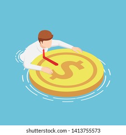 Flat 3d isometric businessmen are floating on the water with rescue dollar buoy. Financial crisis and reserve fund concept.