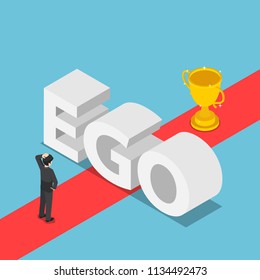 Flat 3d isometric businessmen was obstructed by the ego wall to find a way to success. Ego concept.