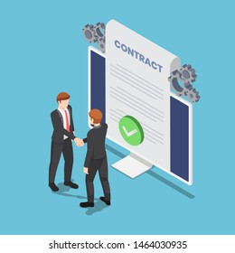 Flat 3d isometric businessmen shaking hand with online agreement contract document on pc monitor. Online business agreement.