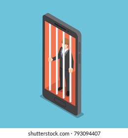 Flat 3d isometric businessmen are trapped in a smartphone cage. Smartphone addiction concept.