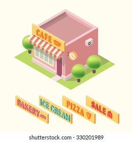 Flat 3d  isometric cafe building icon with changing signatures: bakery, ice cream, pizza, sale.