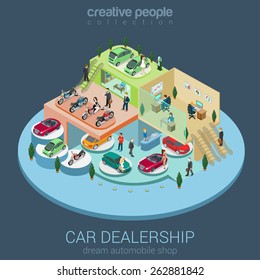 Flat 3d Isometric Car Dealership Sale Concept Vector. Sedan, Electric Car, Convertible Cabrio, Luxury, Motorbike Indoor Interior Floors Walking Shoppers. Multi-use Vehicle Salon Store Business Concept