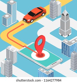 Flat 3d isometric car moving at pinpoint on mobile map application. Mobile gps map navigation technology concept.