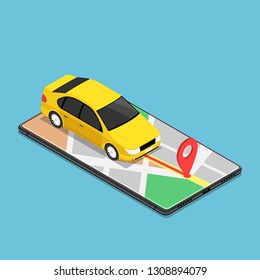 Flat 3d isometric car use gps map navigation application on smartphone. Mobile gps map navigation technology concept.