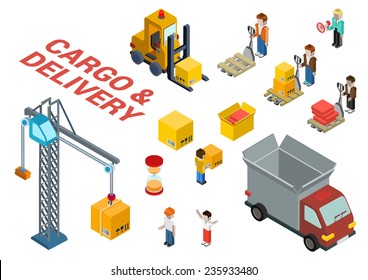 Flat 3d isometric cargo delivery shipment loading web infographic concept vector icon set template. Delivery van, crane, manager, foreman, box, crate, hourglass, loader, pallet and movers icons.