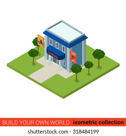 Flat 3d isometric cinema theater building block infographic concept. Build your own infographics world collection.