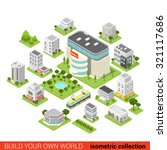 Flat 3d isometric city building block  shopping mall small restaurant shop dormitory area sleeping quarter infographic concept. Build your own infographics world collection.