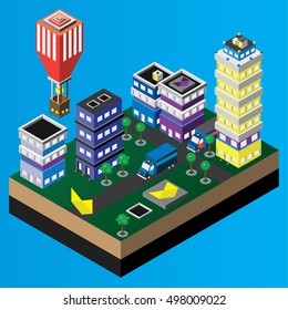 Flat 3d isometric city building block dormitory area sleeping quarter infographic concept.