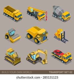 Flat 3d isometric city construction transport icon set. Excavator crane grader concrete cement mixer roller pit dump truck loader tow wrecker truck. Build your own world web infographic collection. svg