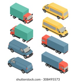 Flat 3d isometric city delivery transport icon set. Trucks and vans.