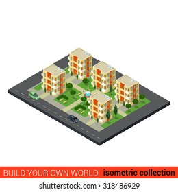 Flat 3d isometric city dormitory area sleeping quarters condominium appartment building block infographic concept. Build your own infographics world collection.