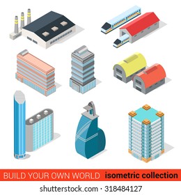 Flat 3d isometric city skyscraper building block infographic set. Business office center railroad train depot. Build your own infographics world collection.