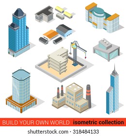 Flat 3d Isometric City Skyscraper Building Block Construction Place Infographic Set. Mall Power Plant Storage Warehouse Public Municipal House. Build Your Own Infographics World Collection.