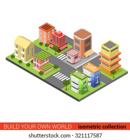 Flat 3d isometric city  street cross building block infographic concept. Build your own infographics world collection.