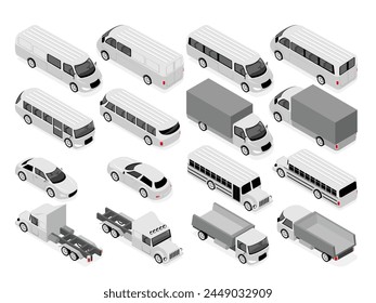 Conjunto de iconos de transporte urbano isométrico 3d plano y vehículo comercial. Sedán, autobús y autobús escolar, camión, ambulancia