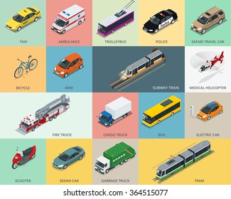  Flat 3d isometric city transport icon set. Taxi, Ambulance, trolleybus, Police, safari travel, Bicycle, Mini, Subway train, Fire-truck, cargo-truck, bus, Electric car, scooter, Sedan 