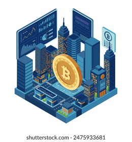 Flat 3d Isometric Cityscape Intertwined and Powered with Bitcoin. Bitcoin and Cryptocurrency Concept