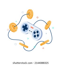 Flat 3d Isometric Classic Game Controller with Bitcoin. Play to Earn and Blockchain Technology Concept.