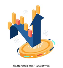 Flat 3d Isometric Coin Reflect Falling Financial Arrow. Cryptocurrency Stablecoin And Financial Concept.