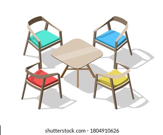 Sillas de oficina y mesa de color isométrico plano 3d. Mobiliario interior creativo aislado en un fondo blanco. Para infografías y juegos de diseño. Ilustración del vector