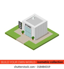 Flat 3d isometric computer electronics store building block infographic concept. Smartphone phone tablet PC shop. Build your own infographics world collection