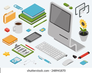 Flat 3d Isometric Computer Technology Workspace Infographic Concept Vector Icon Set. All In One Desktop PC, Smart Phone, Books, Folder, Memory Card, Address Book, Music Player, Flower, Wireless Mouse.