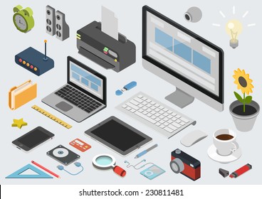 Flat 3d isometric computerized technology designer workspace infographic concept vector. Tablet, laptop, smart phone, camera, player, printer, desktop computer, printer, peripheral devices icon set.