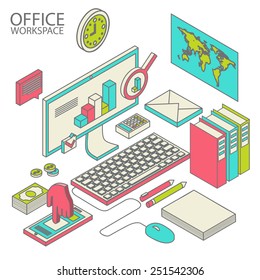 Flat 3d isometric computerized technology designer workspace infographic concept vector. 
