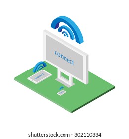 Flat 3d isometric computerized technology designer workspace infographic concept vector. Tablet, laptop, smart phone, desktop computer, wifi connect