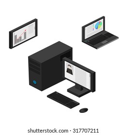 Flat 3d isometric computerized technology designer work space infographic concept vector.