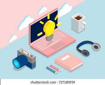 Flat 3d isometric computerized technology designer workspace concept vector. Tablet, laptop, camera, cup of coffee, book, bulb, headphones, cloud, pencils