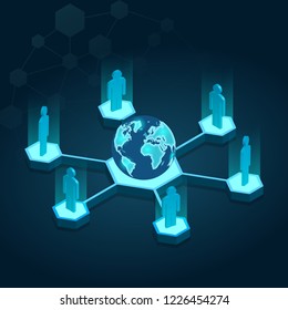 flat 3d isometric concept, connection of people in the world, vector illustration