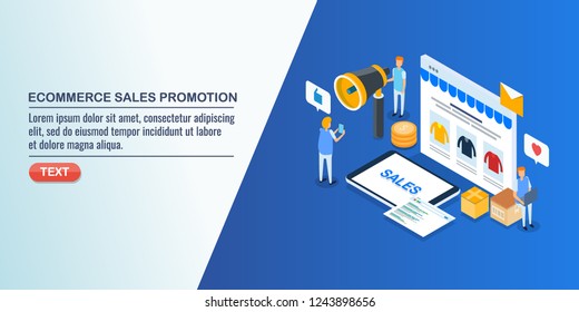 Flat 3D, isometric concept of e-commerce sales, marketing, advertising, promotion online store vector banner with characters
