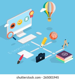 Flat 3d isometric concept of online education. Monitor and icons set vector illustration.