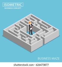 Flat 3d isometric confused businessman stuck in a maze, finding a solution and problem solving concept