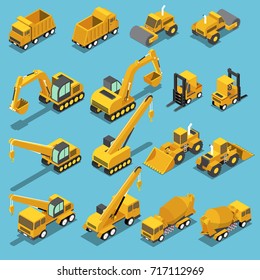 Flat 3d isometric construction transport icon set include excavator, crane grader, cement mixer truck, road roller, forklift, bulldozer svg