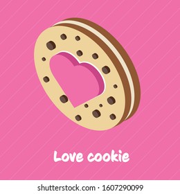 Flat 3d Isometric Cookie With Heart - Vector