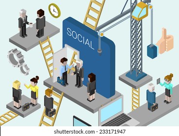 Flat 3d isometric corporate business creation, building a company, promotion in online social media web infographic concept vector. Crane, ladders connecting platforms with business people.